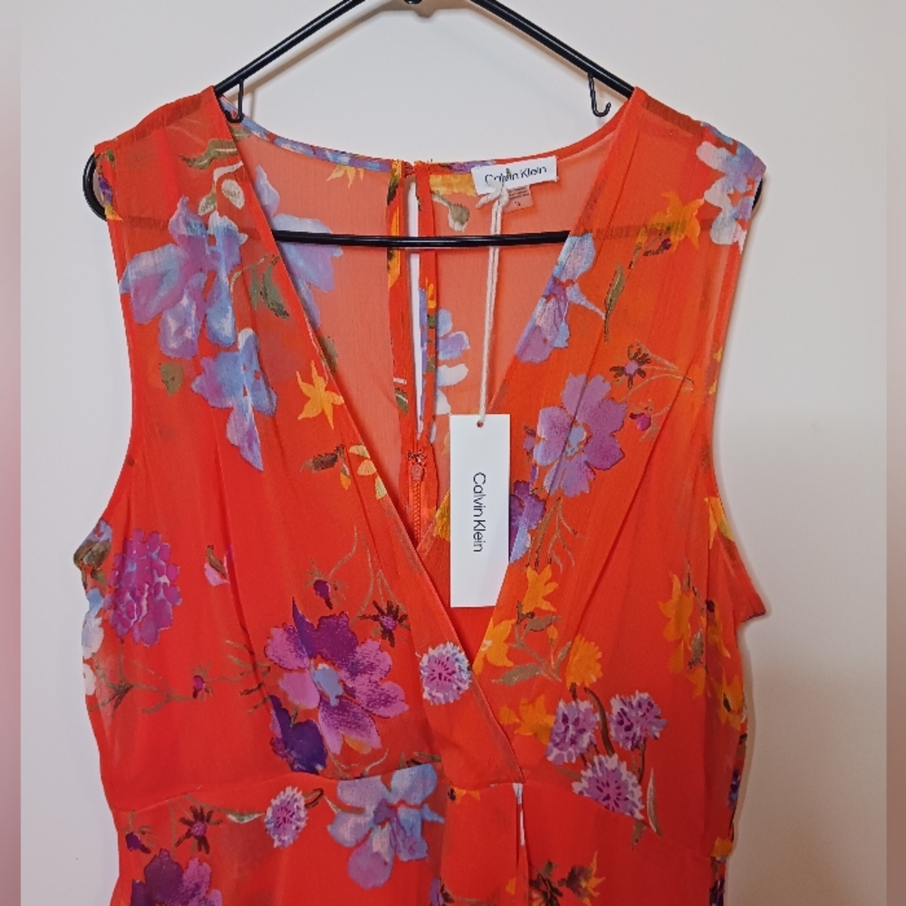 Calvin Klein Dress Midi Floral Sleeveless Summer Casual Orange 16 Plus - Picture 6 of 12